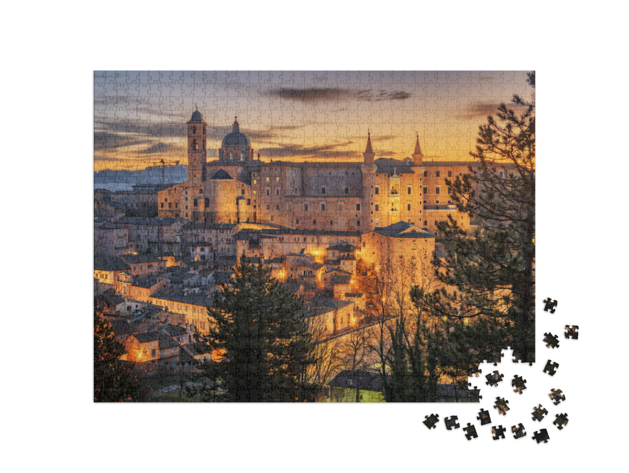 Puzzle 1000 pezzi „Urbino, città murata medievale delle Marche all'alba.“