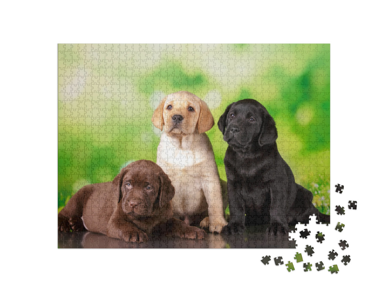 Puzzle 1000 pezzi „Tripla tenerezza: un cucciolo di Labrador marrone, uno dorato e uno nero“