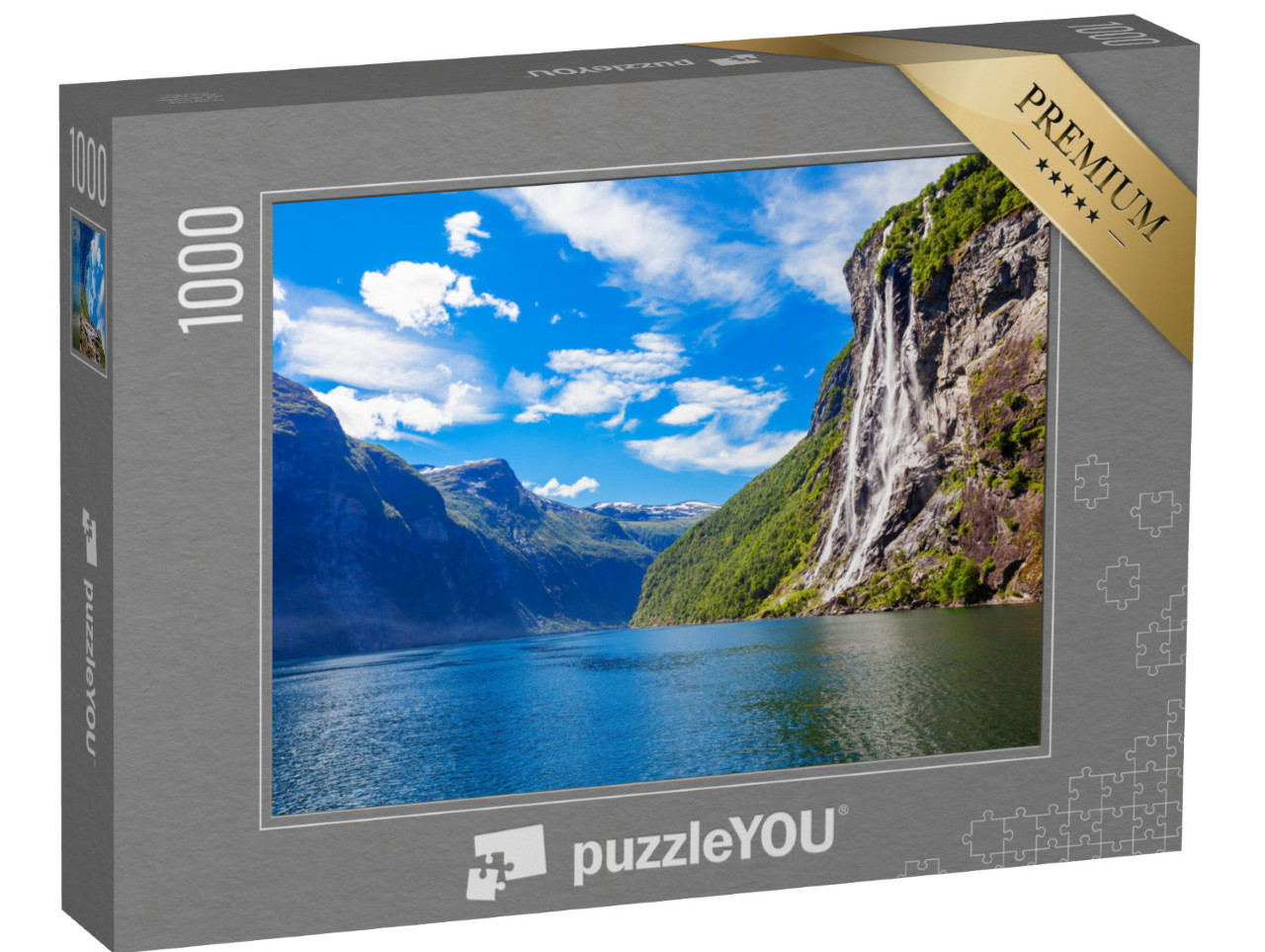 Puzzle 1000 pezzi „Cascata delle Sette Sorelle sul Geirangerfjord, Geiranger, Norvegia“