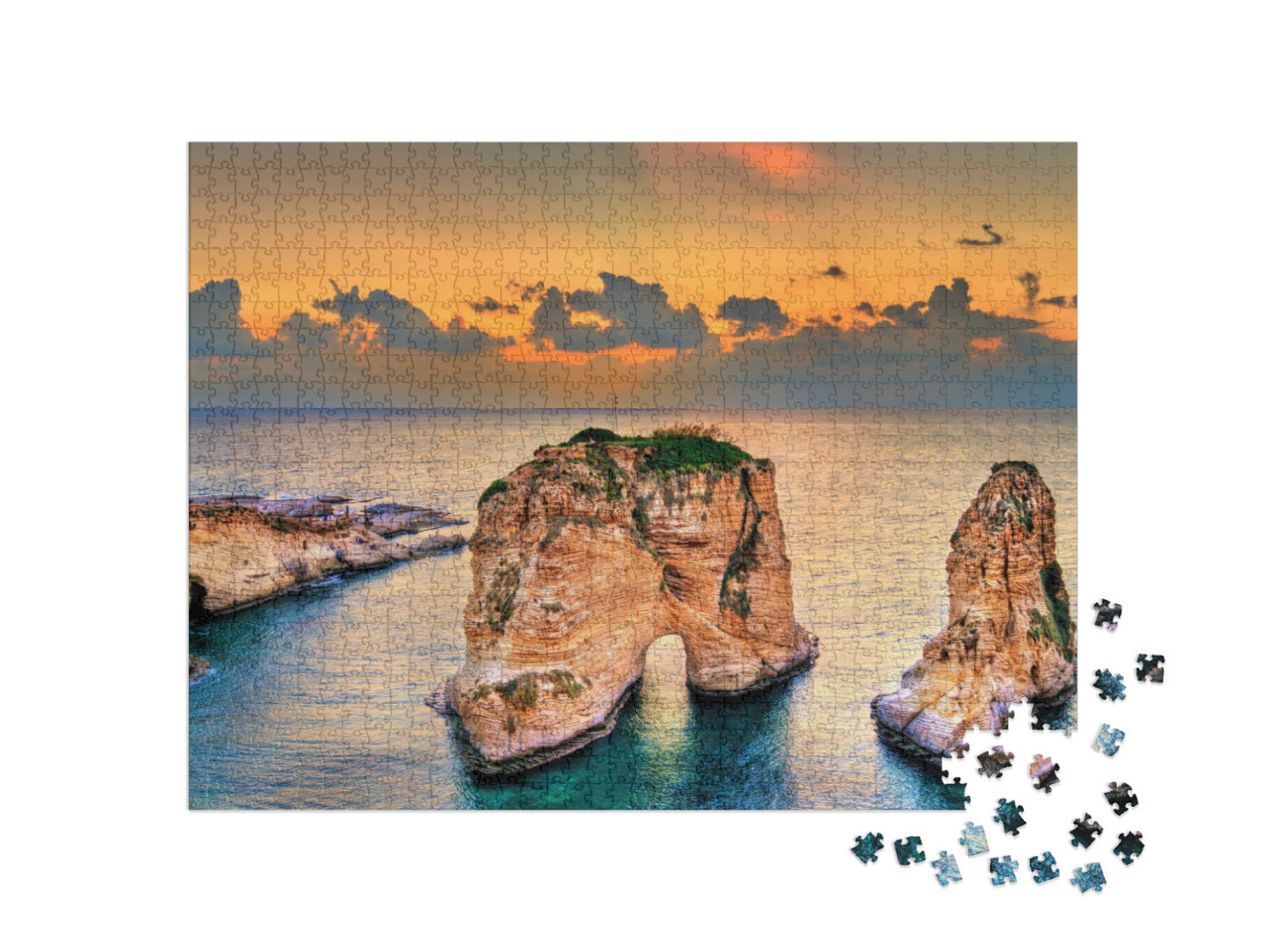 Puzzle 1000 pezzi „Raouche o Pigeons Rocks al tramonto, Beirut, Libano“