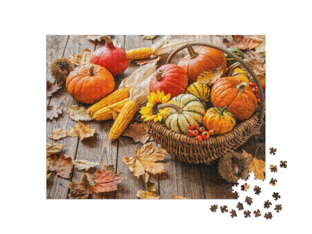 Puzzle 1000 pezzi „Natura morta autunnale con zucche, pannocchie e foglie“