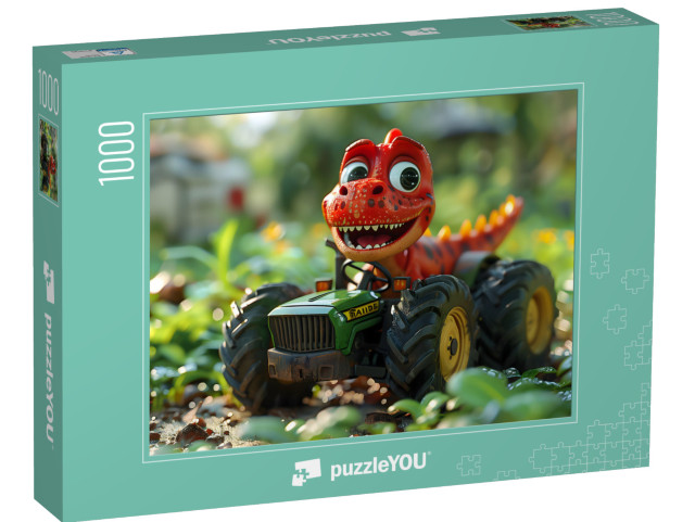 Puzzle 1000 pezzi „Un dino rosso su un trattore verde“