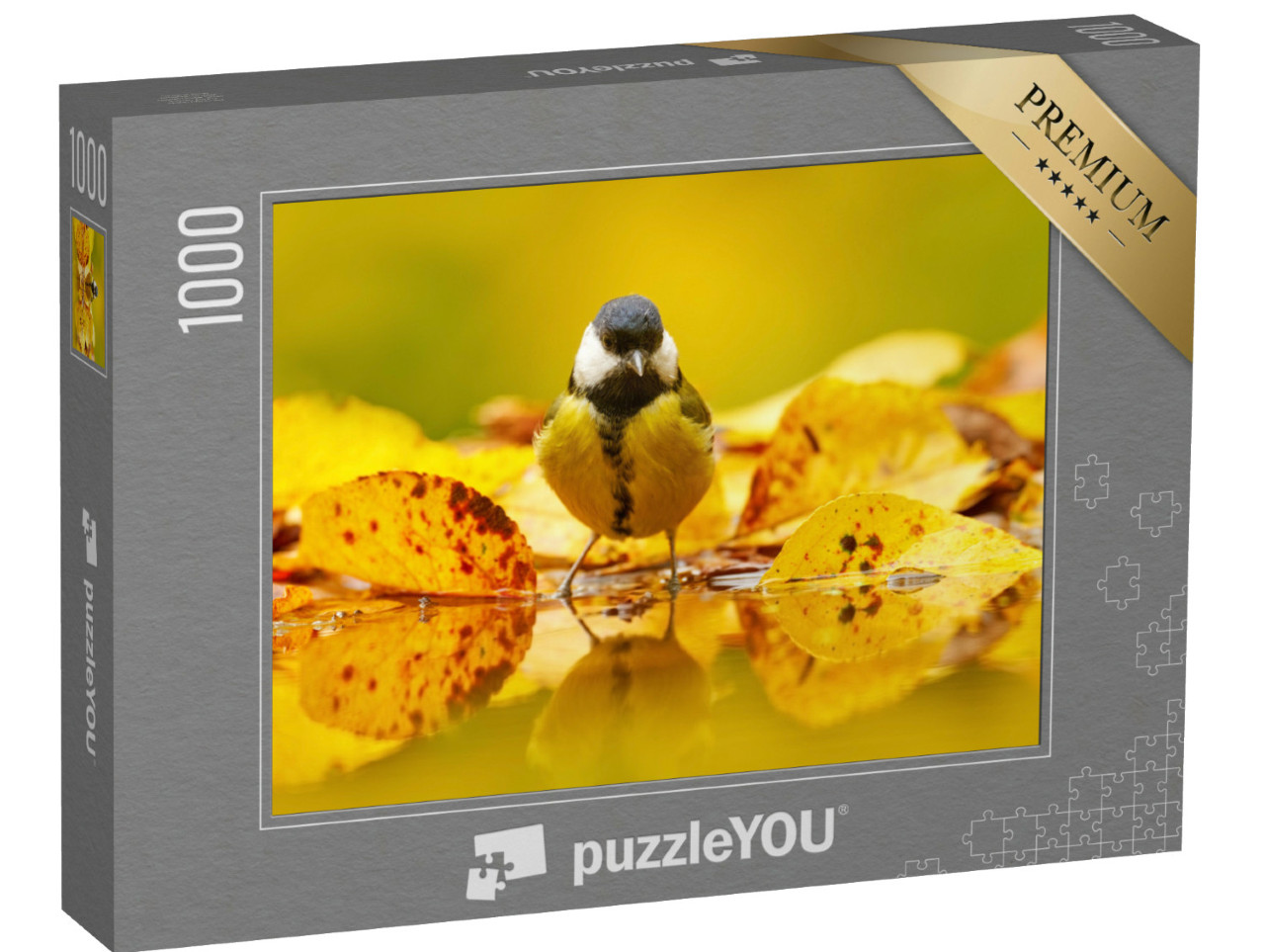 Puzzle 1000 pezzi „Piccola cinciallegra tra le foglie d'autunno“