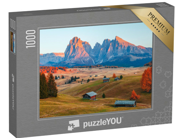 Puzzle 1000 pezzi „L'Alpe di Siusi sullo sfondo del Sassolungo, Alto Adige, Dolomiti in Italia, Europa“