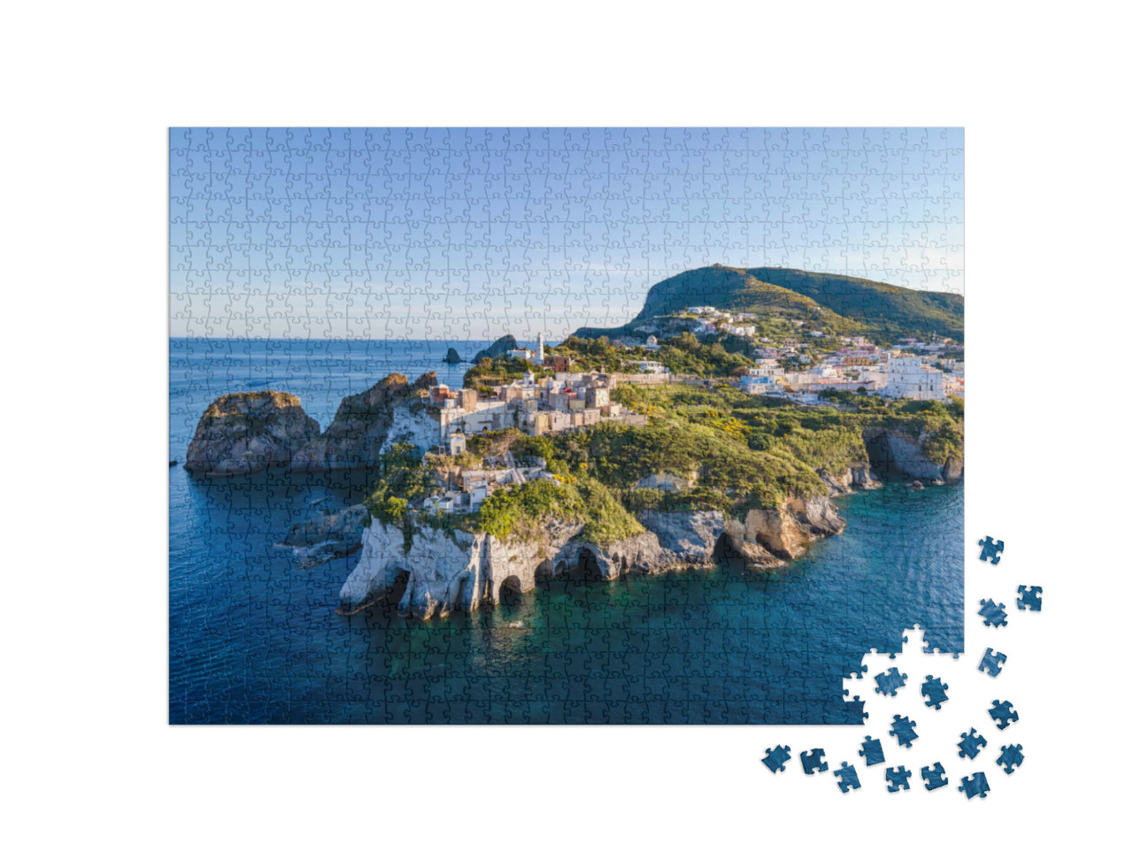 Puzzle 1000 pezzi „Vista del tramonto sul porto dell'isola di Ponza“