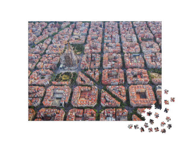 Puzzle 1000 pezzi „Vista aerea di Barcellona con la famosa Sagrada Familia, Spagna“