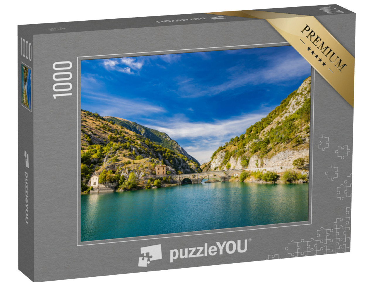 Puzzle 1000 pezzi „Il lago di San Domenico nelle gole del Sagittario in Abruzzo, L'Aquila, Italia“