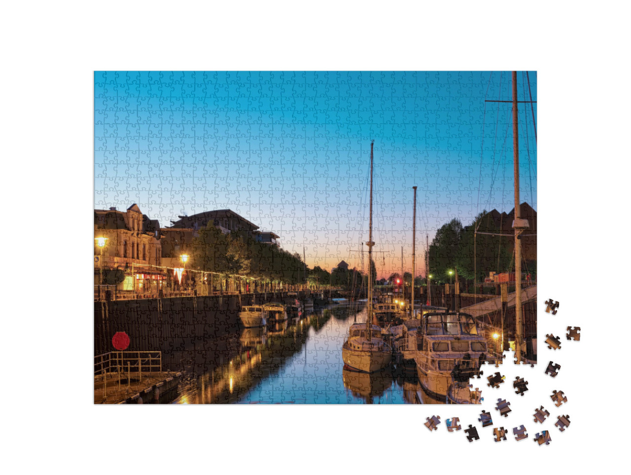 Puzzle 1000 pezzi „Splendida alba al porto turistico di Oldenburg“