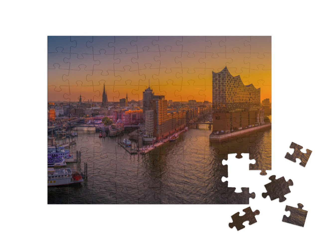 Puzzle 100 pezzi „L'alba su Amburgo con la sala concerti Elbphilharmonie“