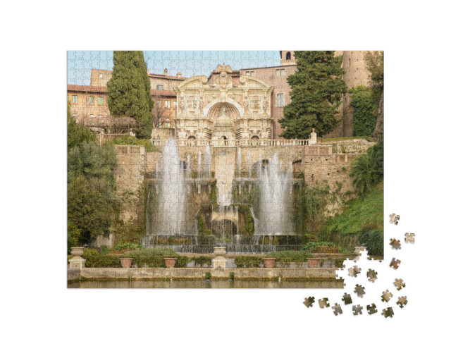 Puzzle 1000 pezzi „La Fontana del Nettuno e dell'Organo con il Castellum aqua, il castello con fossato: Villa d'Este, Tivoli“