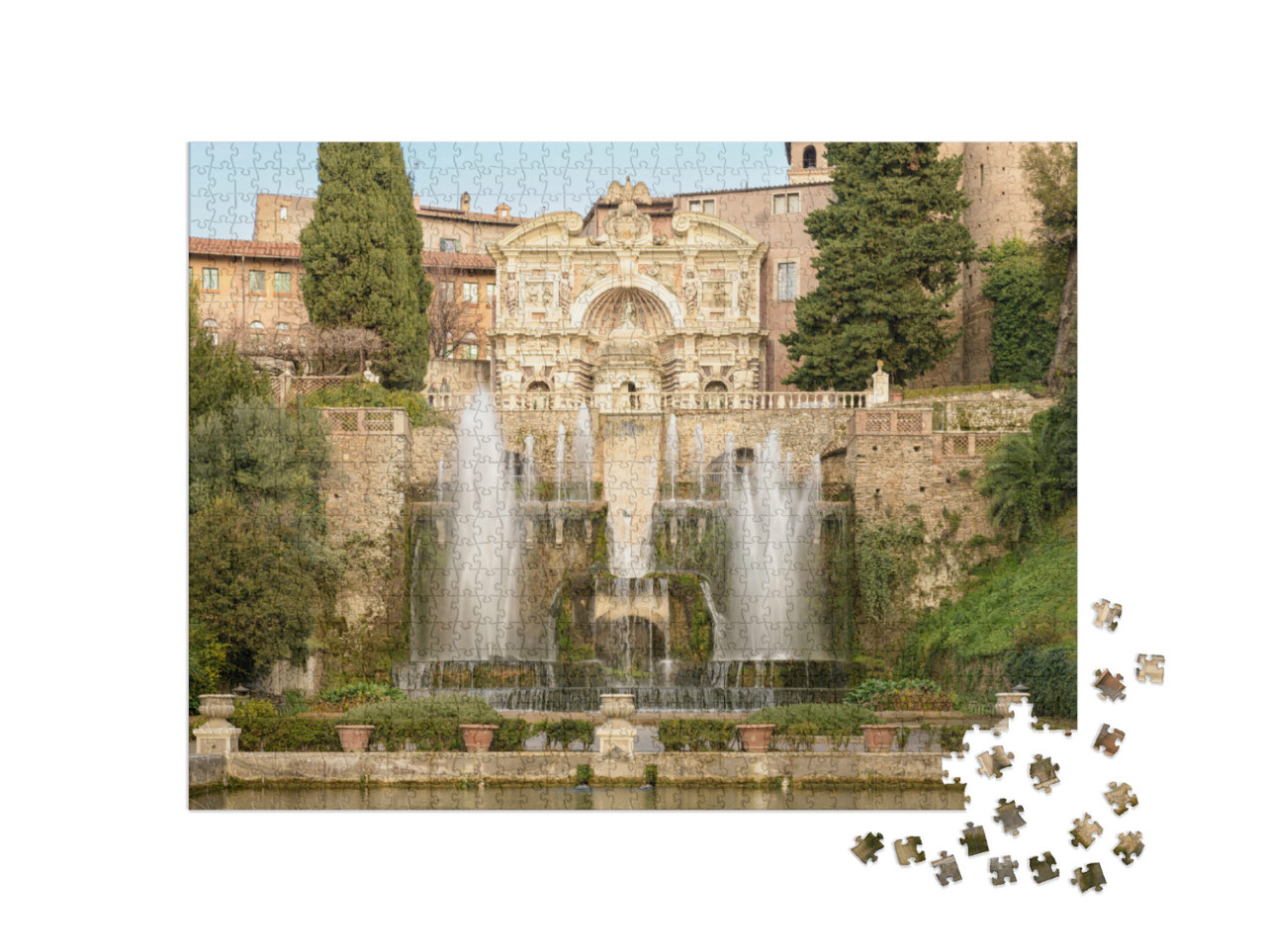Puzzle 1000 pezzi „La Fontana del Nettuno e dell'Organo con il Castellum aqua, il castello con fossato: Villa d'Este, Tivoli“