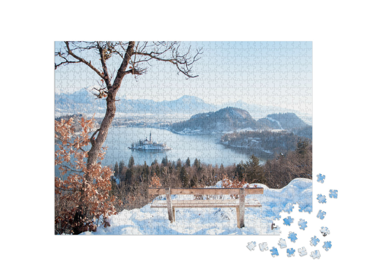 Puzzle 1000 pezzi „Vista del lago di Bled con l'isola di Bled, Slovenia“