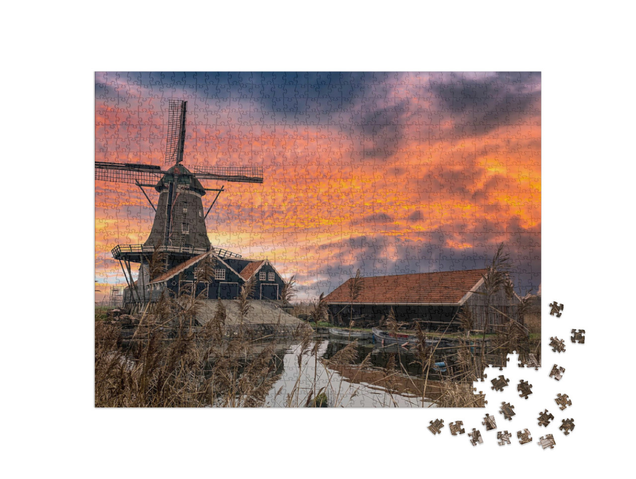Puzzle 1000 pezzi „Mulino a vento su un fiume all'alba“