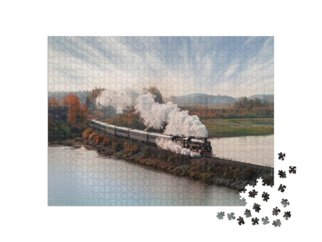 Puzzle 1000 pezzi „Locomotiva a vapore d'epoca nel paesaggio autunnale“