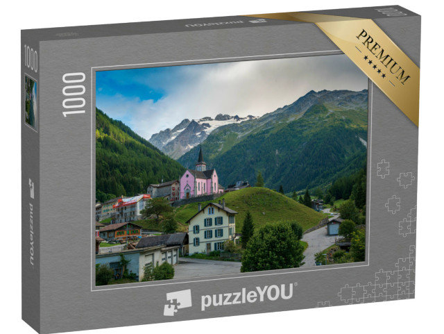 Puzzle 1000 pezzi „Una bella vista della chiesa di Trient Eglise Rose nelle Alpi svizzere con un paesaggio verdeggiante“