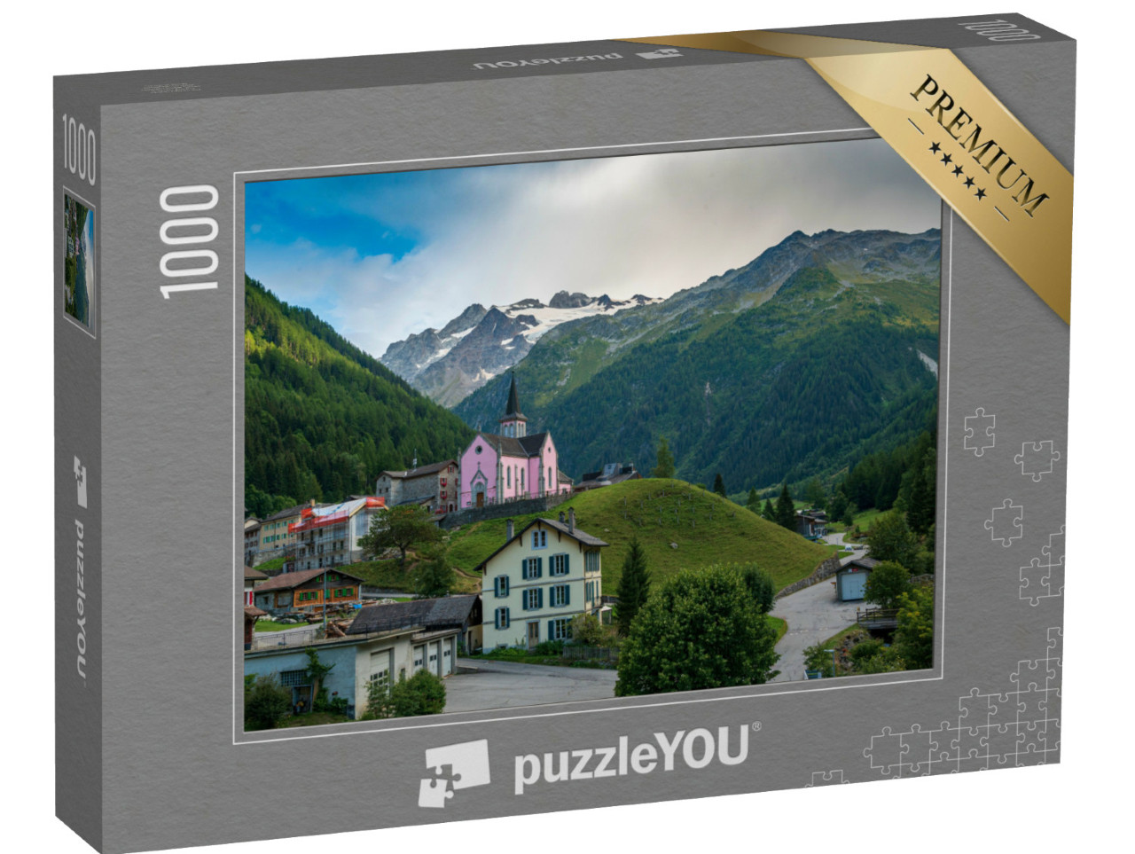 Puzzle 1000 pezzi „Una bella vista della chiesa di Trient Eglise Rose nelle Alpi svizzere con un paesaggio verdeggiante“