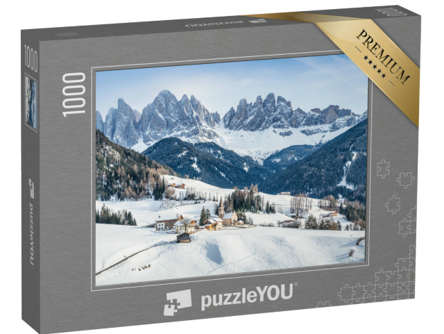 Puzzle 1000 pezzi „Vista panoramica sulle famose cime delle Dolomiti e sull'idilliaco paesino della Val di Funes“