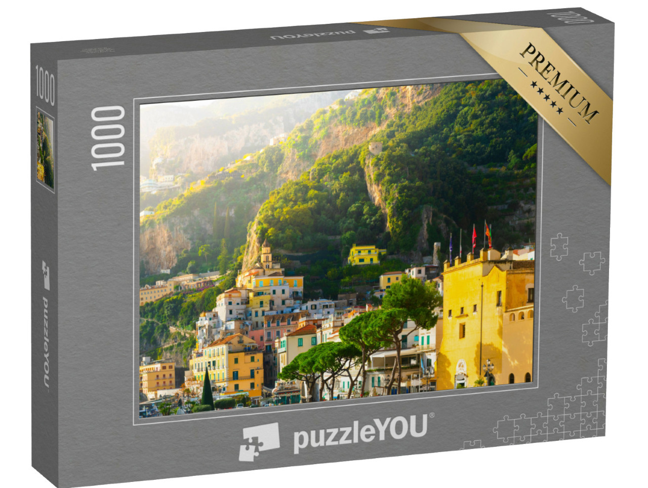 Puzzle 1000 pezzi „Architettura colorata sulle rocce della città di Amalfi. Bellissimo paesaggio urbano al tramonto“