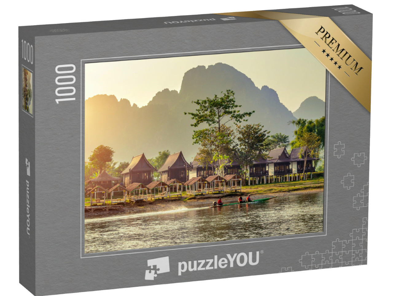 Puzzle 1000 pezzi „Pittoreschi bungalow di villaggio lungo il fiume Nam Song a Vang Vieng, Laos“