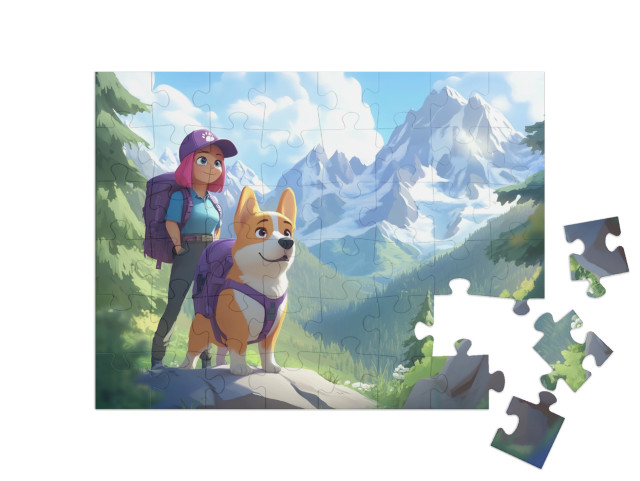 Puzzle 48 pezzi „Con cane e zaino in spalla nella natura“