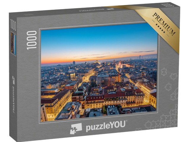 Puzzle 1000 pezzi „Milano, Italia, panoramica aerea del paesaggio urbano al tramonto.“