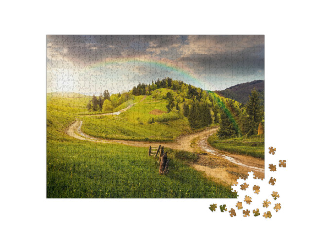 Puzzle 1000 pezzi „Bellissimo paesaggio collinare verde con arcobaleni“