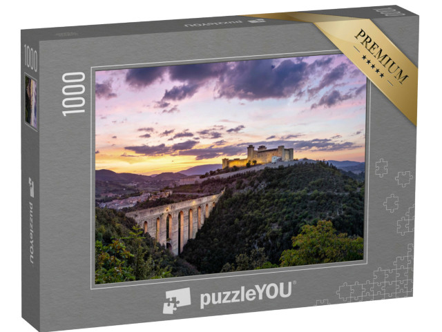 Puzzle 1000 pezzi „Spoleto al tramonto. Ponte delle torri medievale e Rocca Albornoziana, Provincia di Perugia, Italia“