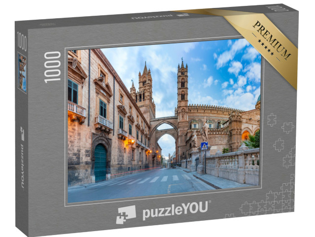 Puzzle 1000 pezzi „La cattedrale di Palermo, collegata con i portici al Palazzo degli Arcivescovi di Palermo al mattino“