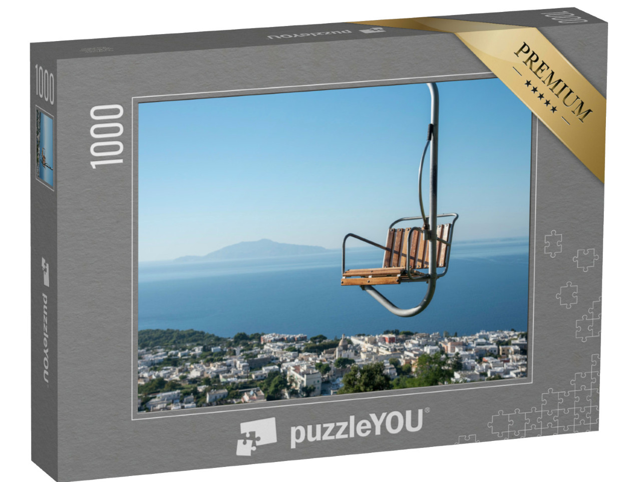 Puzzle 1000 pezzi „La splendida vista di Capri dalla seggiovia che collega Anacapri alla cima del Monte Solaro“