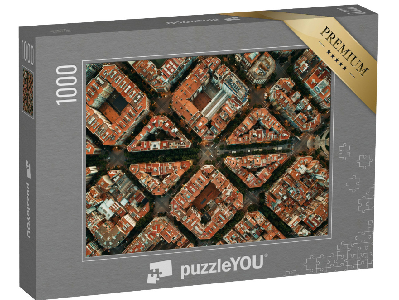 Puzzle 1000 pezzi „Vista aerea della strada di Barcellona con bellissimi disegni in Spagna“