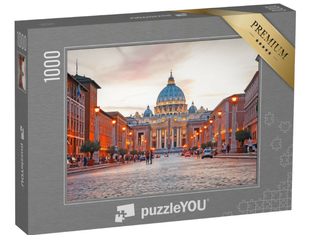 Puzzle 1000 pezzi „Vista della Basilica di San Pietro illuminata e di Via della Conciliazione, Roma, Italia“