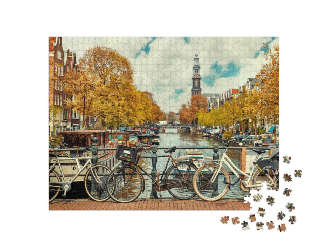 Puzzle 1000 pezzi „Biciclette sull'Amstel ad Amsterdam“