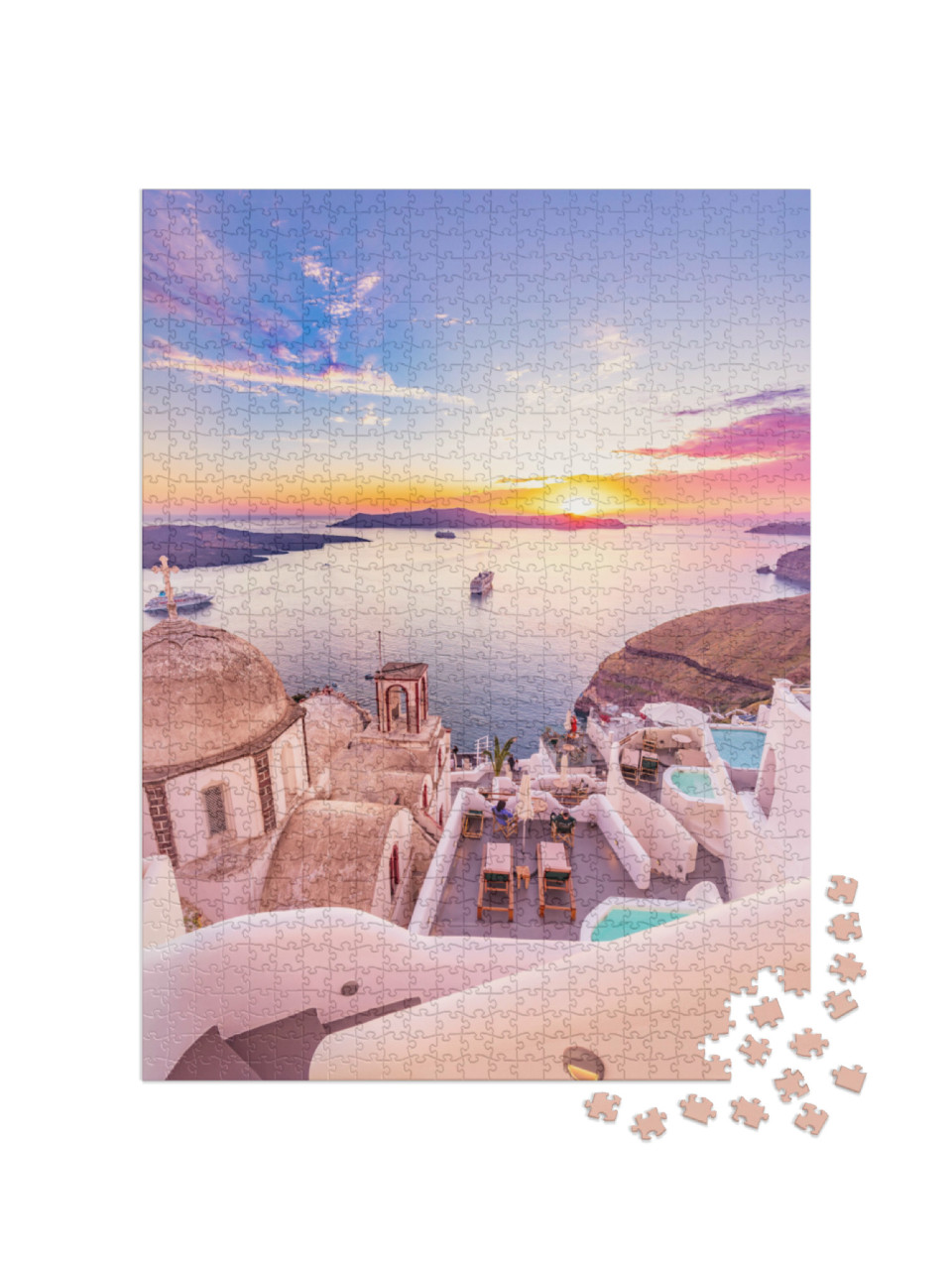 Puzzle 1000 pezzi „Vista di Santorini: pittoresca giornata di primavera, Grecia“