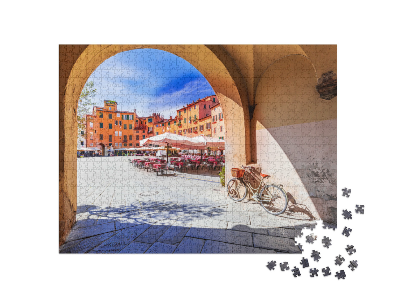 Puzzle 1000 pezzi „Lucca, Italia - Vista della Piazza dell'Anfiteatro attraverso l'arco, antico anfiteatro romano“