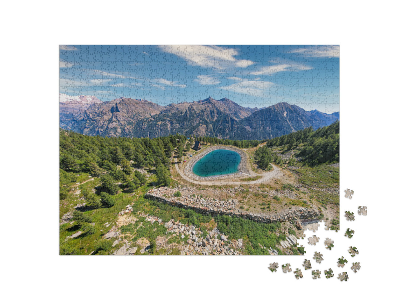 Puzzle 1000 pezzi „Paesaggio montano a Gressoney, Valle d'Aosta, Italia: Rifugio Mollino“