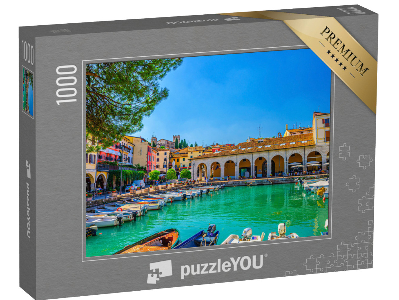 Puzzle 1000 pezzi „Porto vecchio con motoscafi, Lombardia, Italia settentrionale“