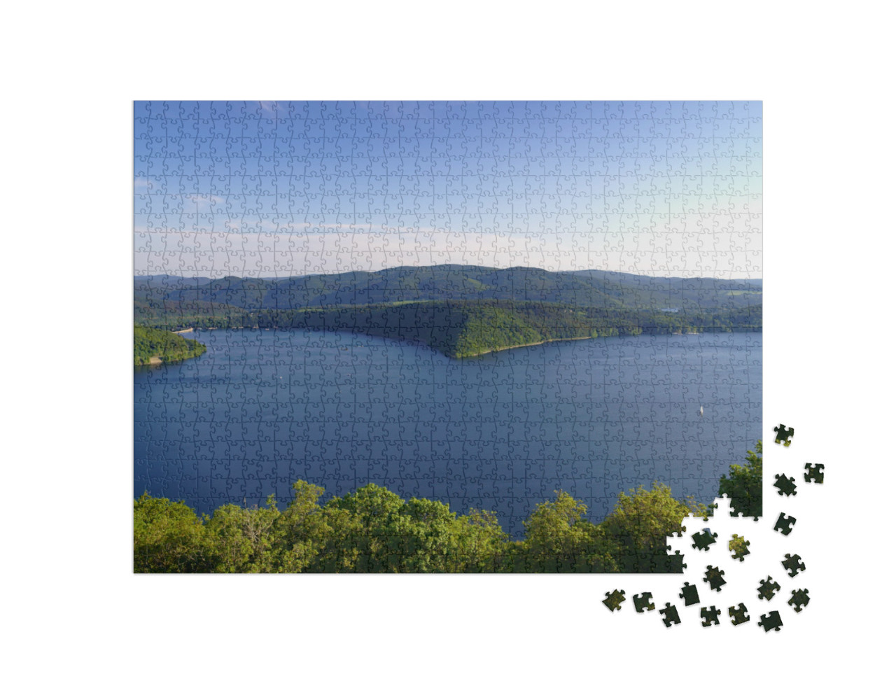 Puzzle 1000 pezzi „Vista del lago Edersee con la foresta dal castello di Waldeck, Assia“