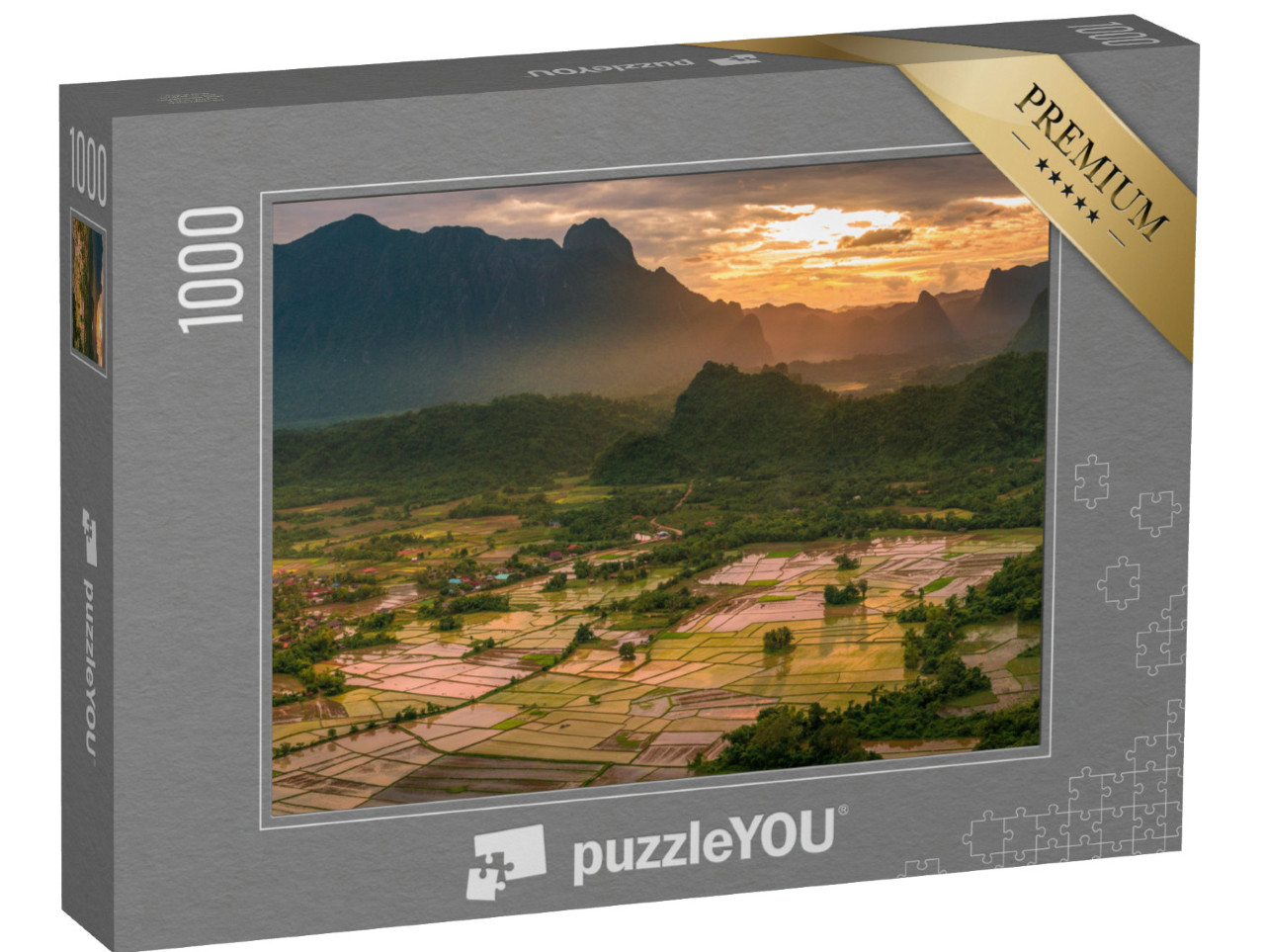 Puzzle 1000 pezzi „Tramonto dorato nelle risaie del Laos“