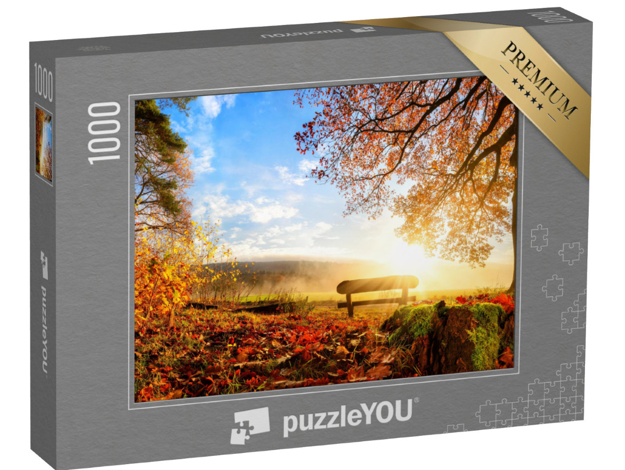 Puzzle 1000 pezzi „Una panchina di legno per riposare nel paesaggio autunnale“