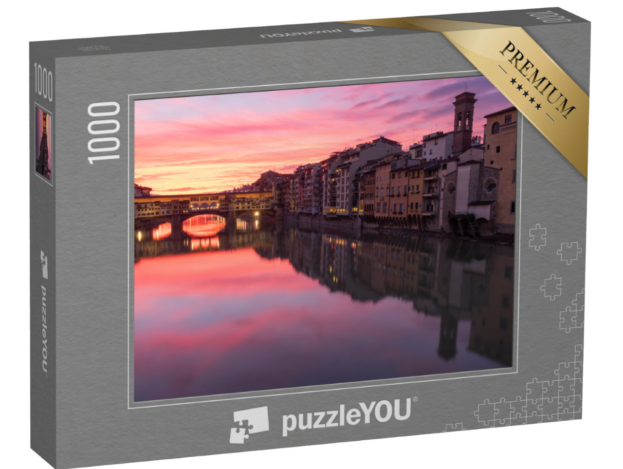 Puzzle 1000 pezzi „Bruciante alba invernale sul famoso Ponte Vecchio a Firenze, Toscana, Italia“