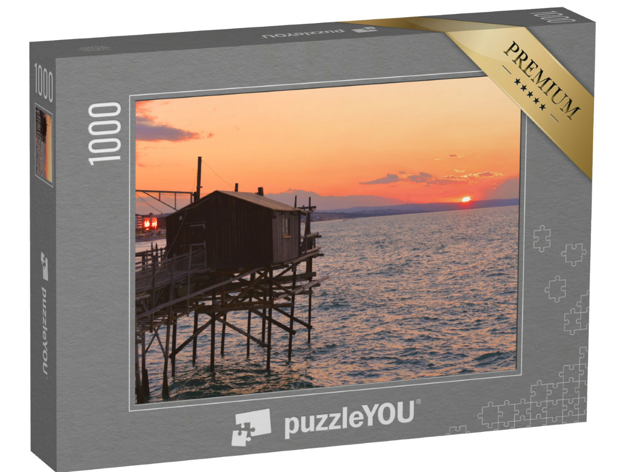 Puzzle 1000 pezzi „Splendido tramonto sul mare Adriatico con la famosa struttura della casa in legno “Trabocco” di Termoli“