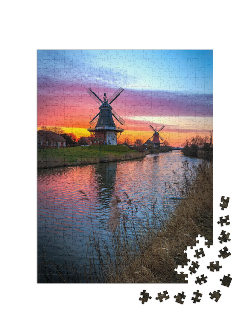 Puzzle 500 pezzi „I mulini gemelli di Greetsiel, Frisia orientale, all'alba“