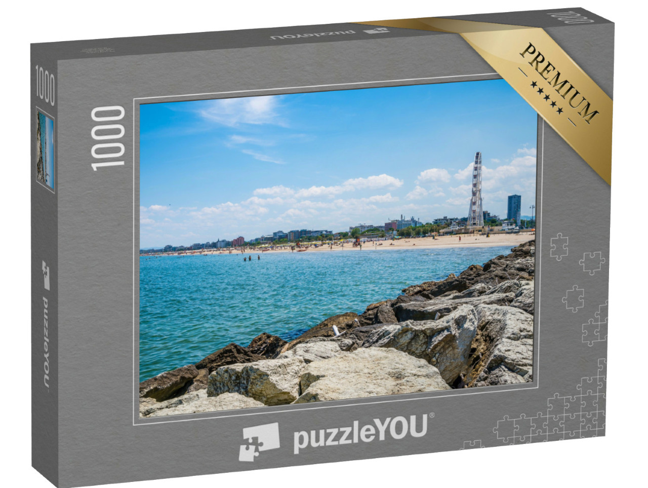 Puzzle 1000 pezzi „Una vista oltre la diga foranea del porto verso la spiaggia di Rimini, Italia, in estate“