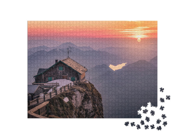 Puzzle 1000 pezzi „Rifugio nel Salzkammergut al tramonto, Austria“