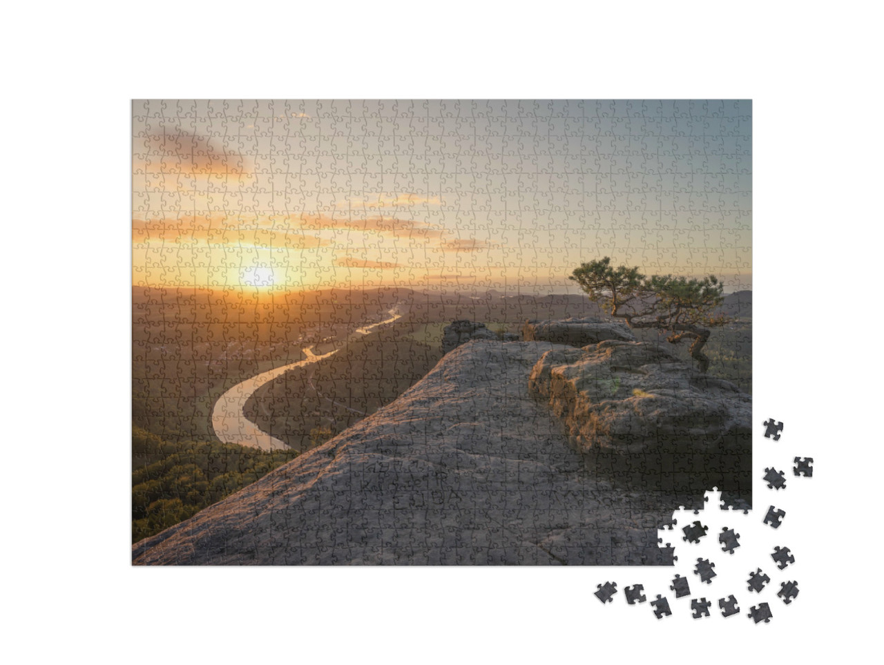 Puzzle 1000 pezzi „Alba dal monte Lilienstein nella Svizzera sassone, Germania“