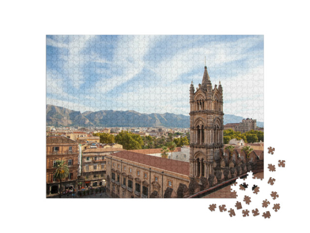 Puzzle 1000 pezzi „Torre della Cattedrale di Palermo con vista sulle montagne, Sicilia, Italia“