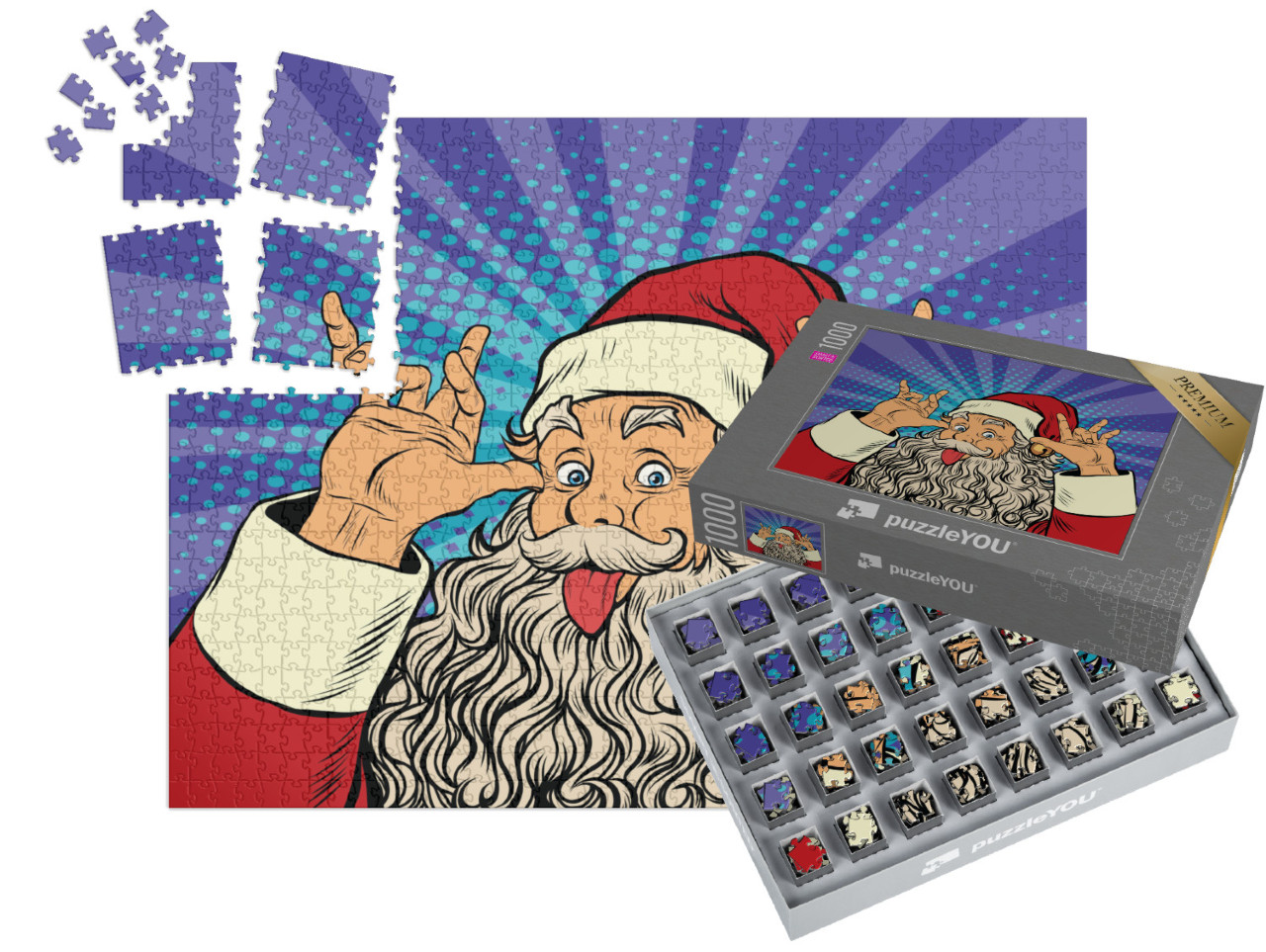 SMART SORTED® | Puzzle 1000 pezzi „Pop art: Babbo Natale tira fuori la lingua, scherzo, umorismo“