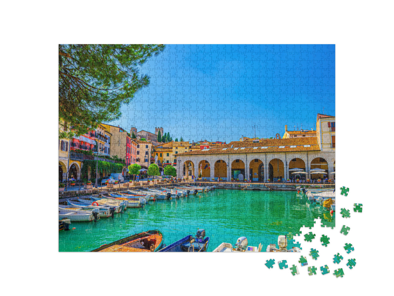 Puzzle 1000 pezzi „Porto vecchio con motoscafi, Lombardia, Italia settentrionale“