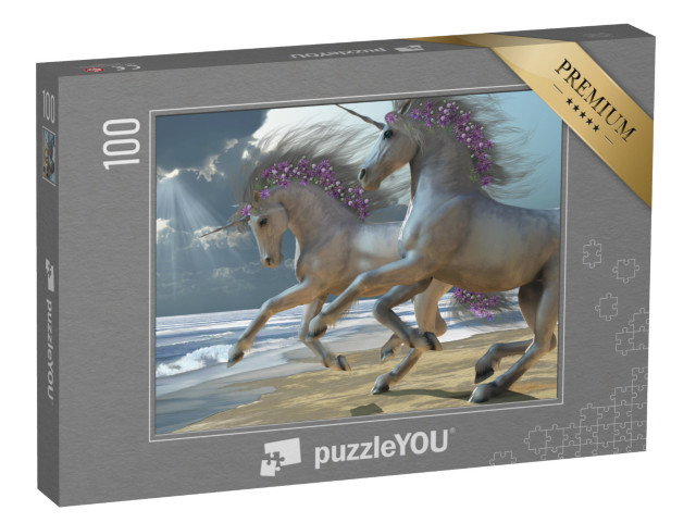 Puzzle 100 pezzi „Due bellissimi unicorni bianchi si divertono sulla spiaggia“