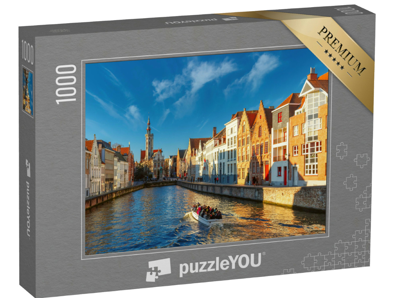 Puzzle 1000 pezzi „Canal Spiegelrei e piazza Jan Van Eyck al mattino a Bruges, Belgio“